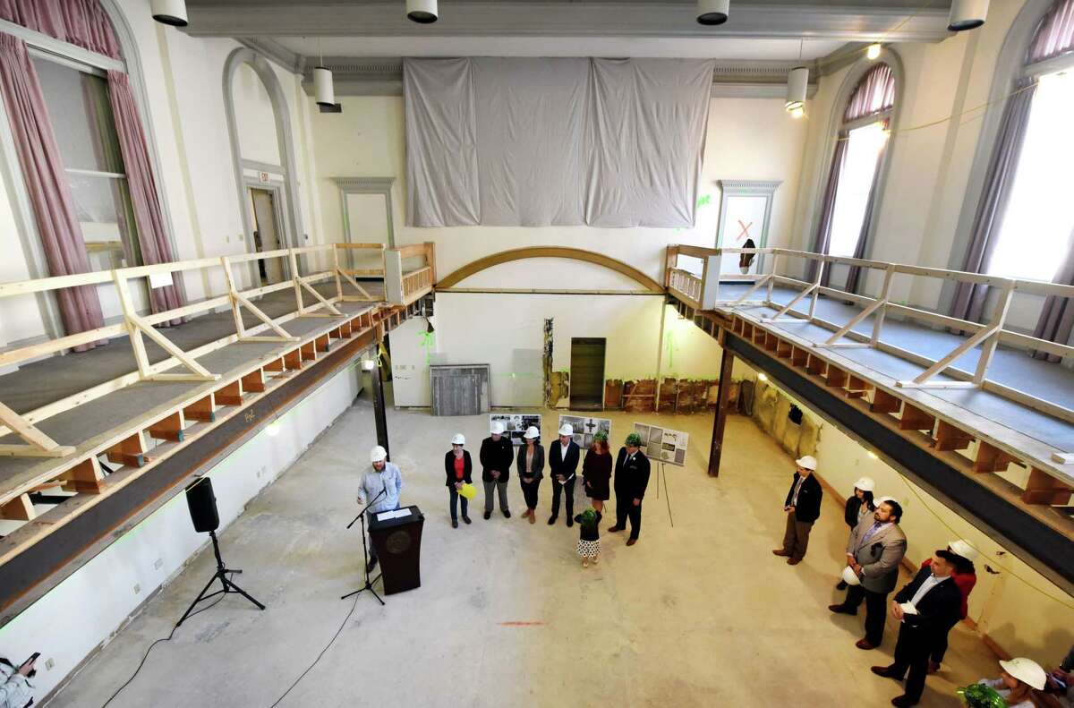 Jeff Buell, principal of Redburn Development, speaks during a media event to announce that the Kenmore Ballroom, a wedding and special events venue, will be run by Katie O'Malley and her husband, Nate Maloney, on Friday, Sept. 27, 2019, at the Kenmore Building in Albany, N.Y. The venue, once known as the Rain-bo-Room, can accommodate up to 300 people for seated functions. (Will Waldron/Times Union)