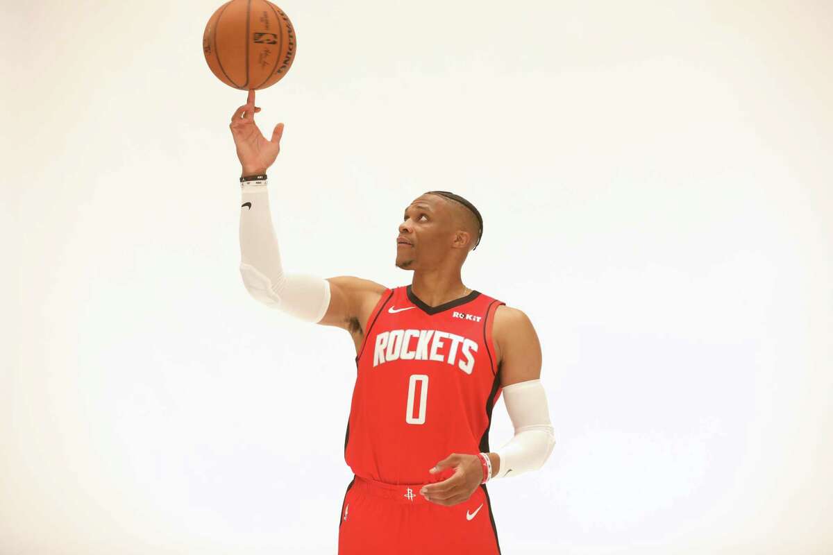 Houston Rockets guard Russell Westbrook (0) poses for a photo during Houston Rockets Media Day on Friday, Sept. 27, 2019, in Houston.