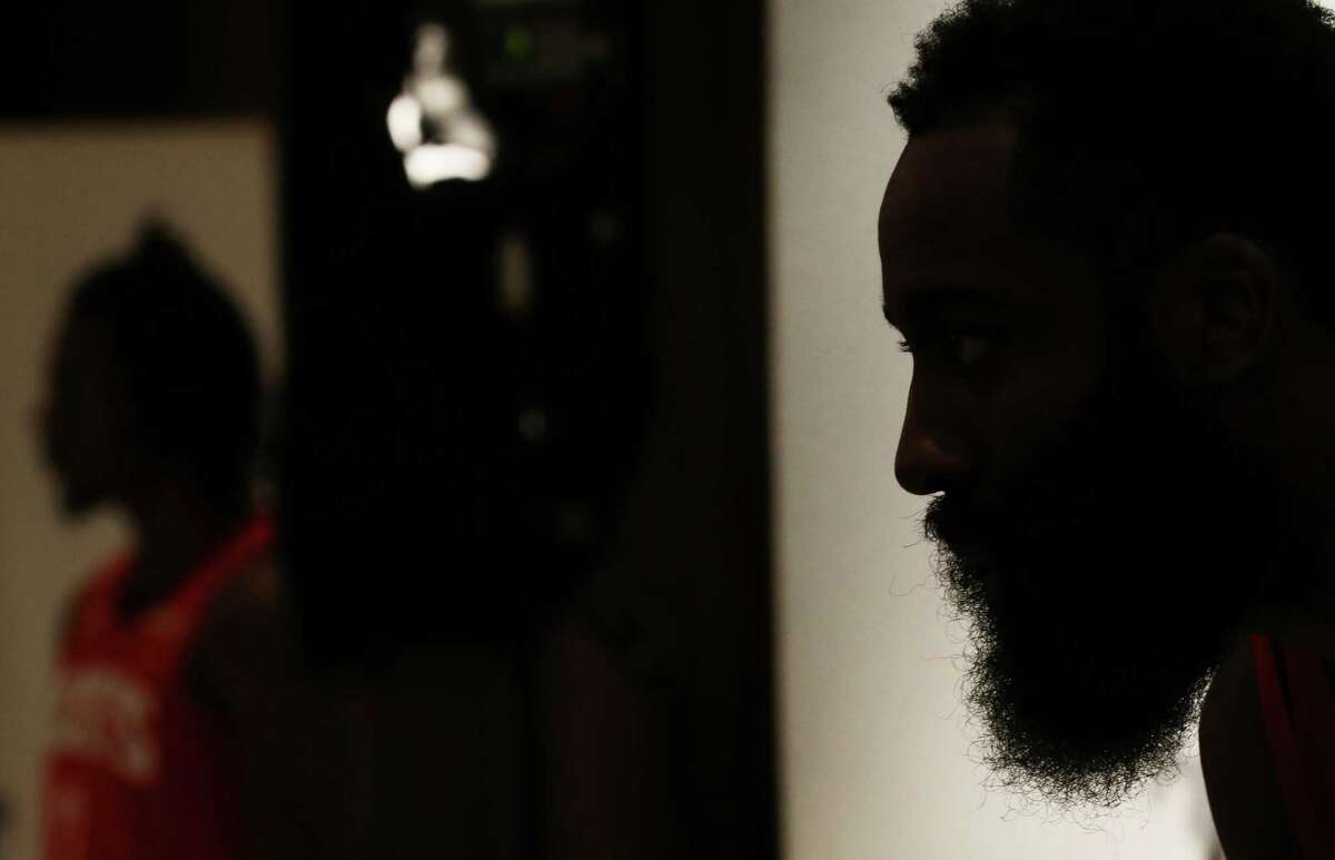 Houston Rockets guard James Harden (13) poses for a photo during Houston Rockets Media Day on Friday, Sept. 27, 2019, in Houston.