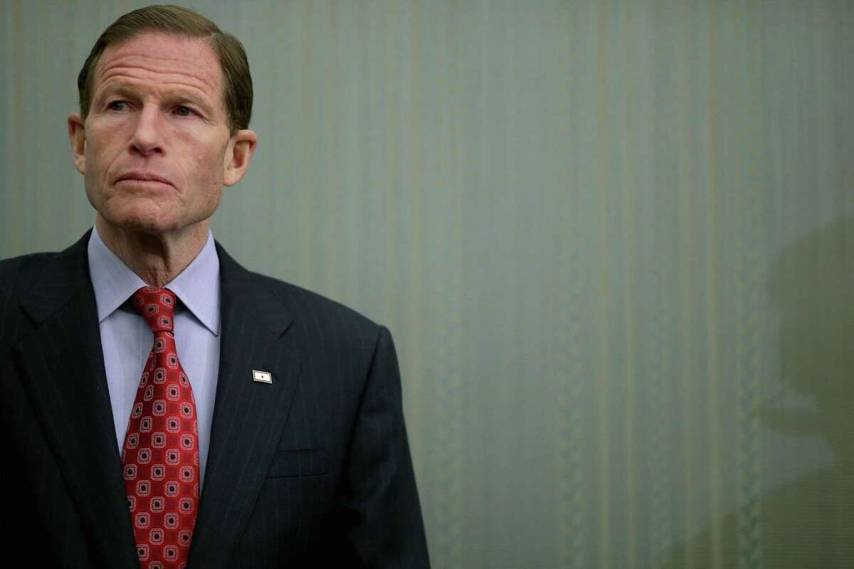Sen. Richard Blumenthal (D-CT) participates in a news conference to highlight the benefits of raising the national minimum wage.