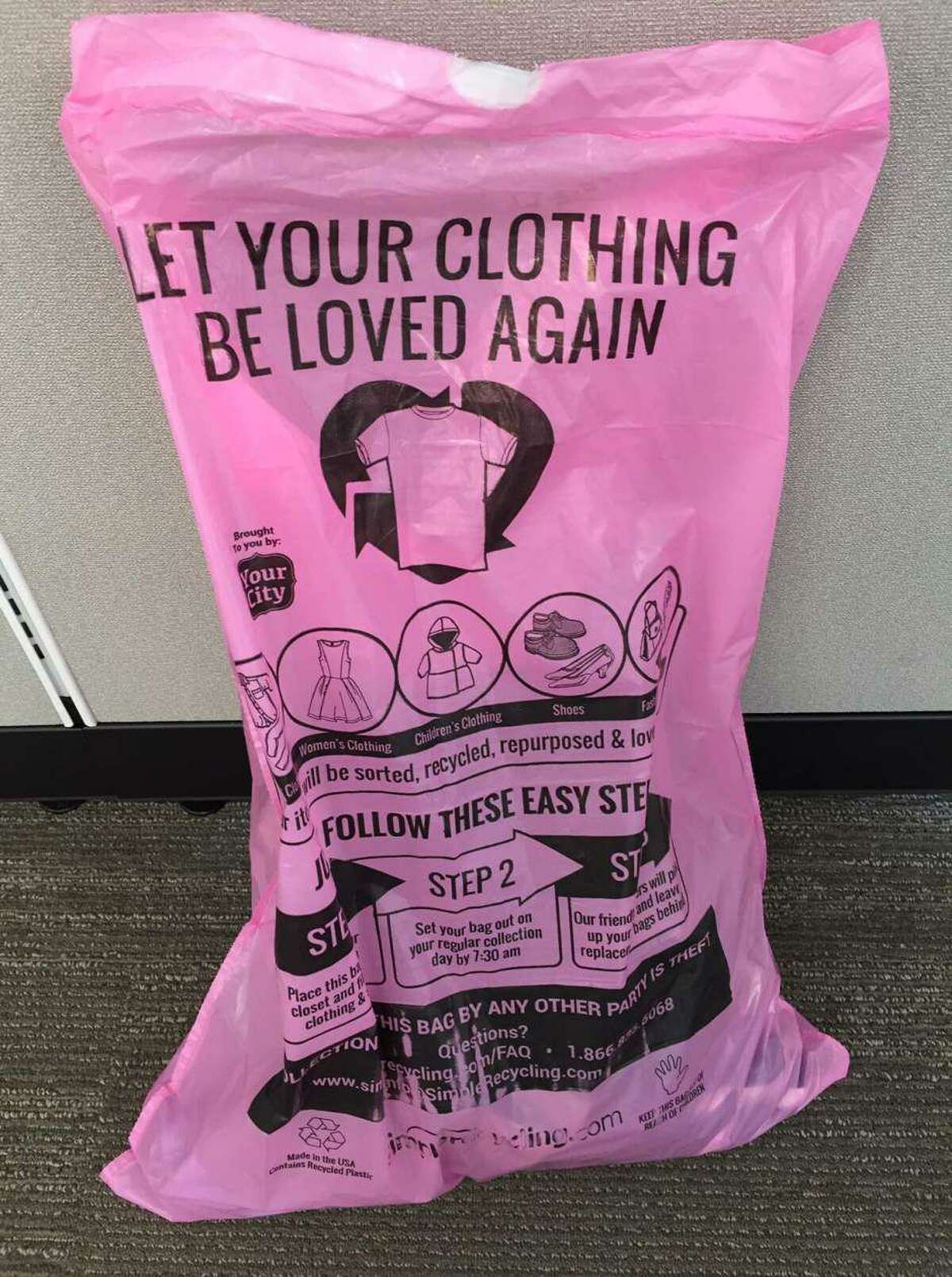 Stamford residents can recycle gently used clothing by putting it in provided pink plastic bags and leaving them next to their recycling bins.