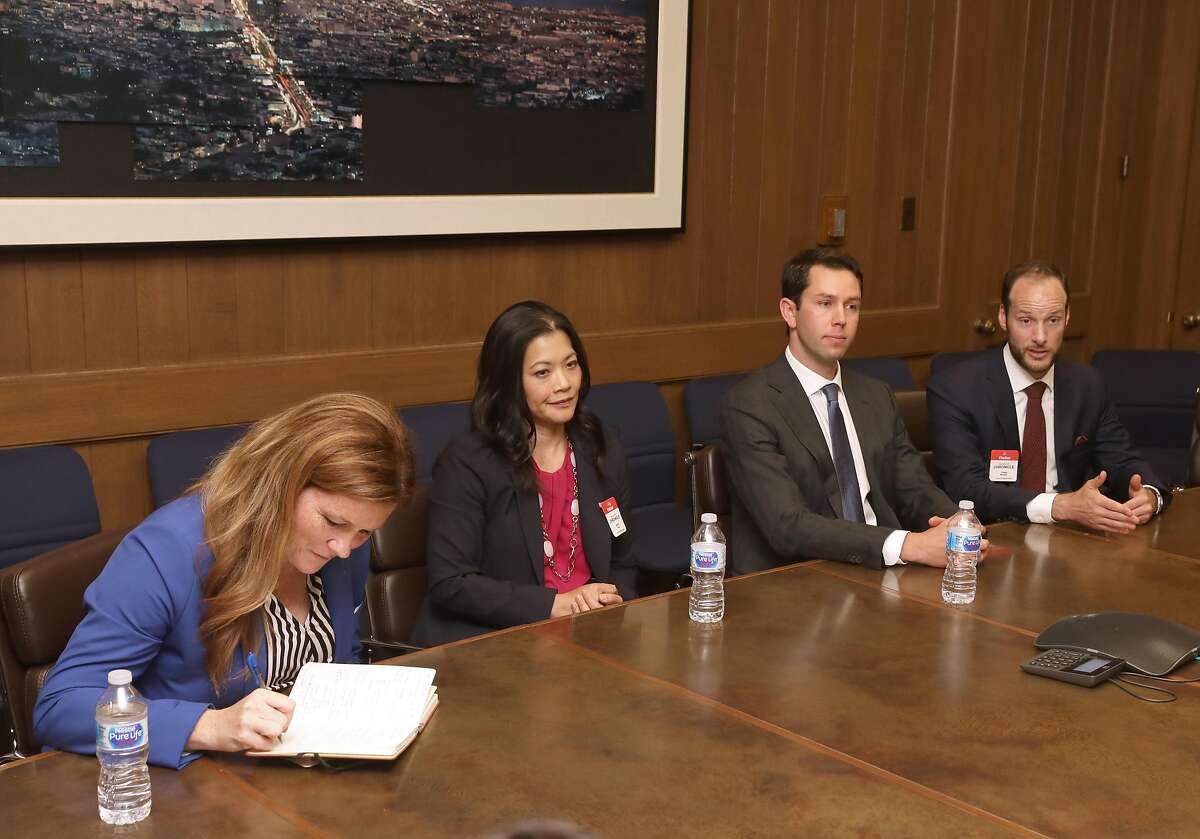 Candidates for district attorney left to right�Suzy Loftus, Nancy Tung, Leif Dautch, and Chesa Boudin come to an editorial board meeting at the San Francisco Chronicle on Wednesday, September 25, 2019, in San Francisco, Calif.