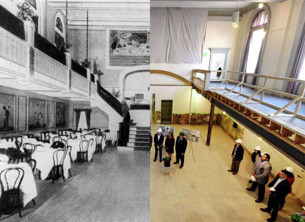 Left: Kenmore Hotel, Albany. Located at the corner of North Pearl Street and Colombia Street. Rain Bo Room. Undated. (Times Union Archive) Right: Jeff Buell, principal of Redburn Development, speaks during a media event to announce that the Kenmore Ballroom, a wedding and special events venue, will be run by Katie O'Malley and her husband, Nate Maloney, on Friday, Sept. 27, 2019, at the Kenmore Building in Albany, N.Y. The venue, once known as the Rain-bo-Room, can accommodate up to 300 people for seated functions. (Will Waldron/Times Union)