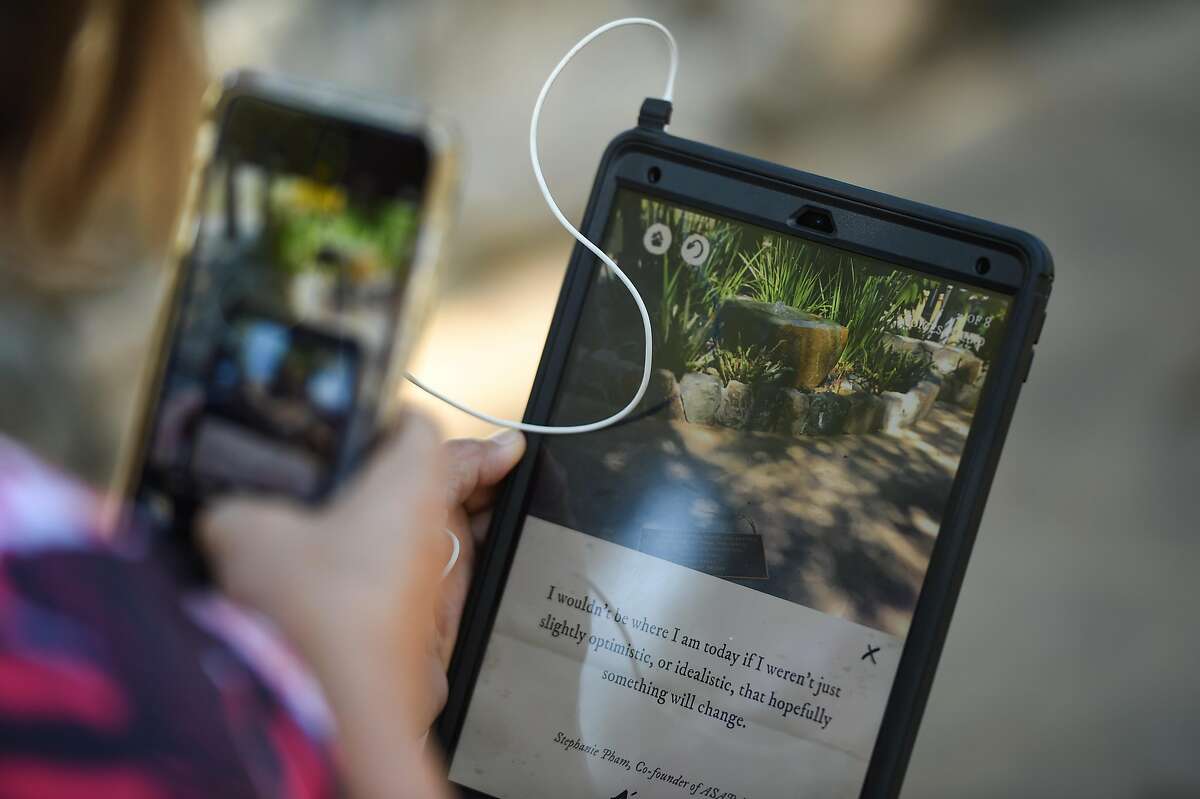 A detailed view of an augmented reality experience developed by Stanford students near the site of a sexual assault near a student housing complex off Lomita Drive on the campus of Stanford University on Friday September 27, 2019.