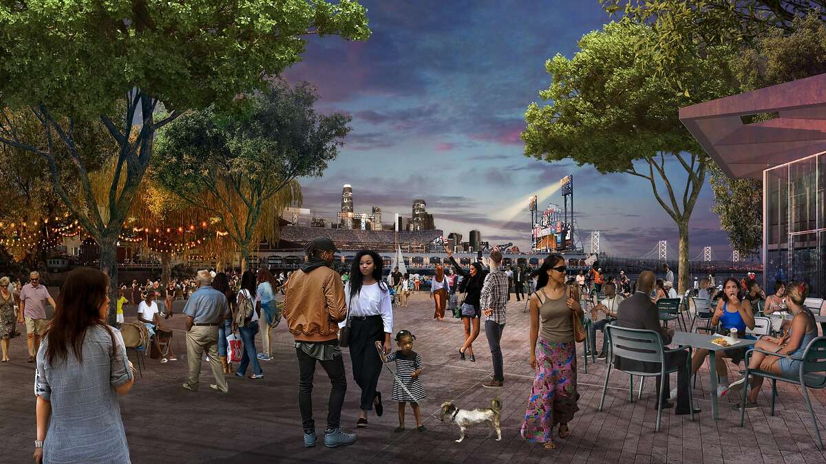 A rendering of the central plaza within China Basin Park, a 5-acre space that would meet McCovey Cove and be a major attraction within the 28-acre Mission Rock development planned by the San Francisco Giants and Tishman Speyer. Work on the project's first phase, which will include the park and four large buildings, is scheduled to begin in early 2020.