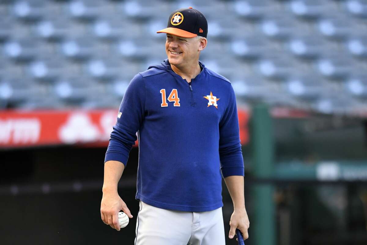 ANAHEIM, CA - SEPTEMBER 27: Manager AJ Hinch #14 of the Houston Astros during batting practice before a game against the Los Angeles Angels at Angel Stadium of Anaheim on September 27, 2019 in Anaheim, California. (Photo by John McCoy/Getty Images)