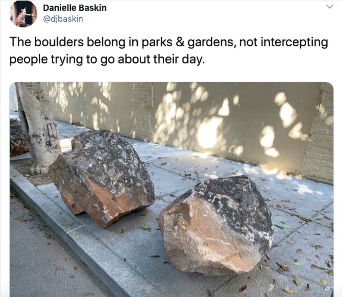 A San Francisco woman tried unsuccessfully to remove the controversial 'anti-homeless' boulders from a sidewalk.