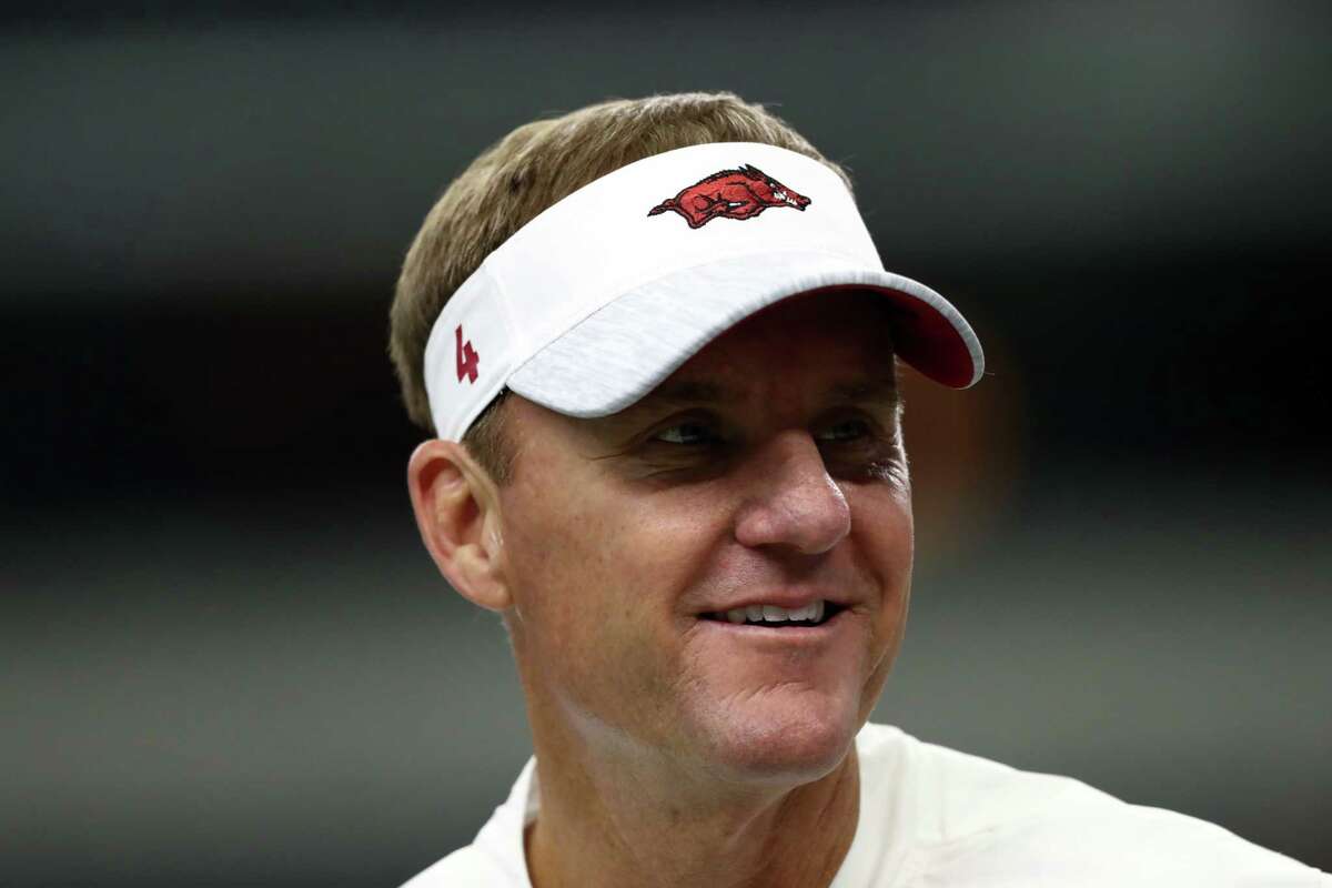 ARLINGTON, TEXAS - SEPTEMBER 28: Head coach Chad Morris of the Arkansas Razorbacks before a game against the Texas A&M Aggies during the Southwest Classic at AT&T Stadium on September 28, 2019 in Arlington, Texas.