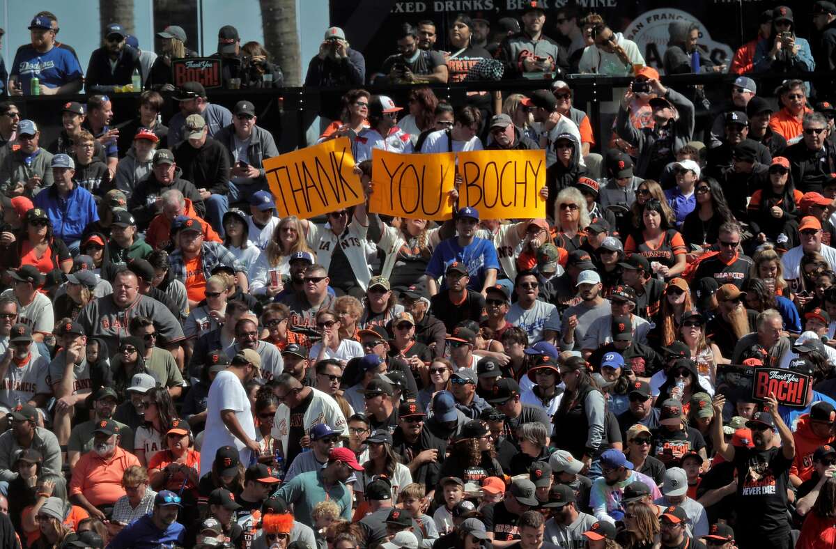 Fans in the bleachers show their appreciation in the fourth inning as Bruce Bochy managed his final game with the San Francisco Giants at Oracle Park in San Francisco, Calif., on Sunday, September 29, 2019.