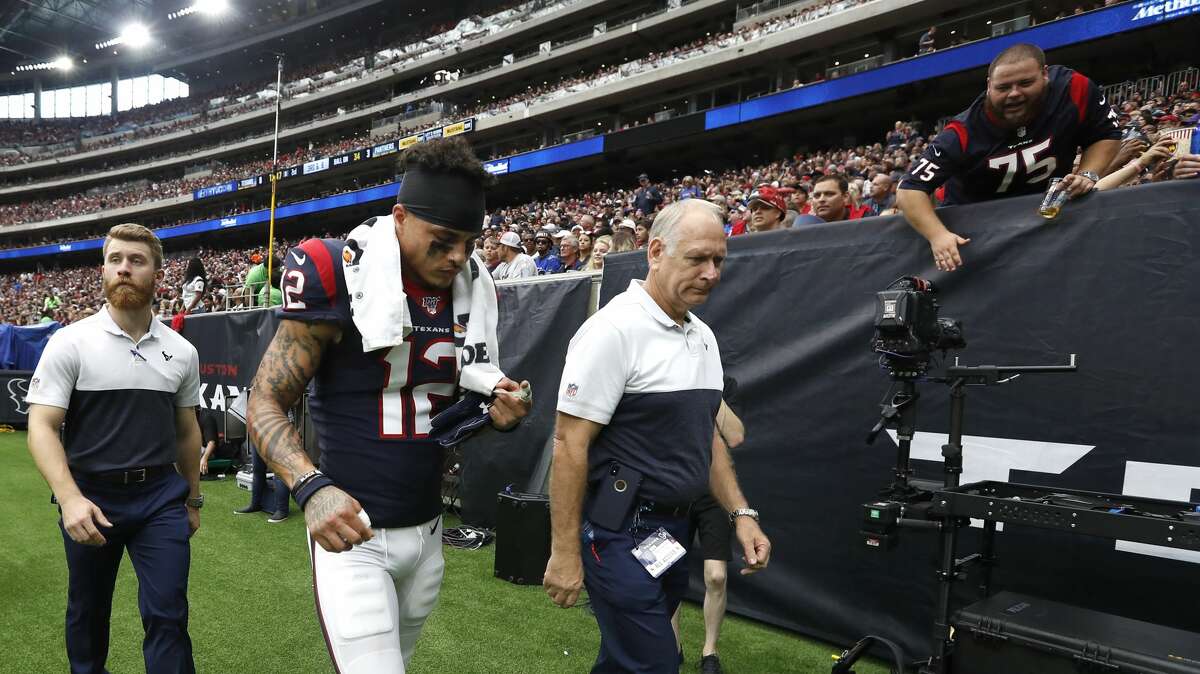 Houston Texans wide receiver Kenny Stills (12) walks back to the locker room during the first half of an NFL football game at NRG Stadium on Sunday, Sept. 29, 2019, in Houston.