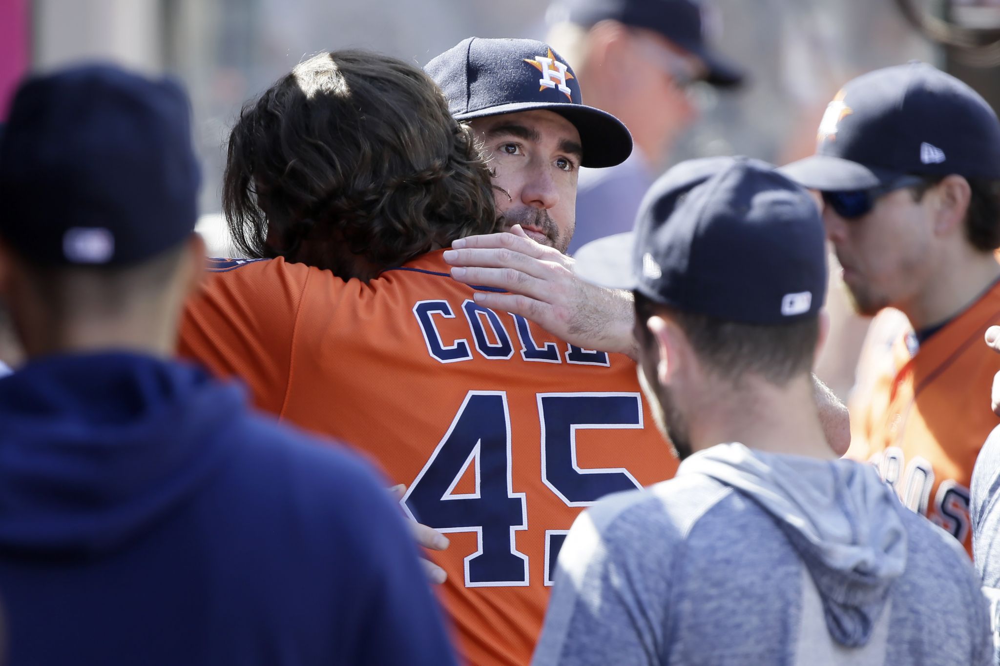 Houston Astros' Yuli Gurriel, right, gets a hug from Yordan Alvarez after  hitting a two-run home run during the third inning of a baseball game  against the Los Angeles Angels in Anaheim