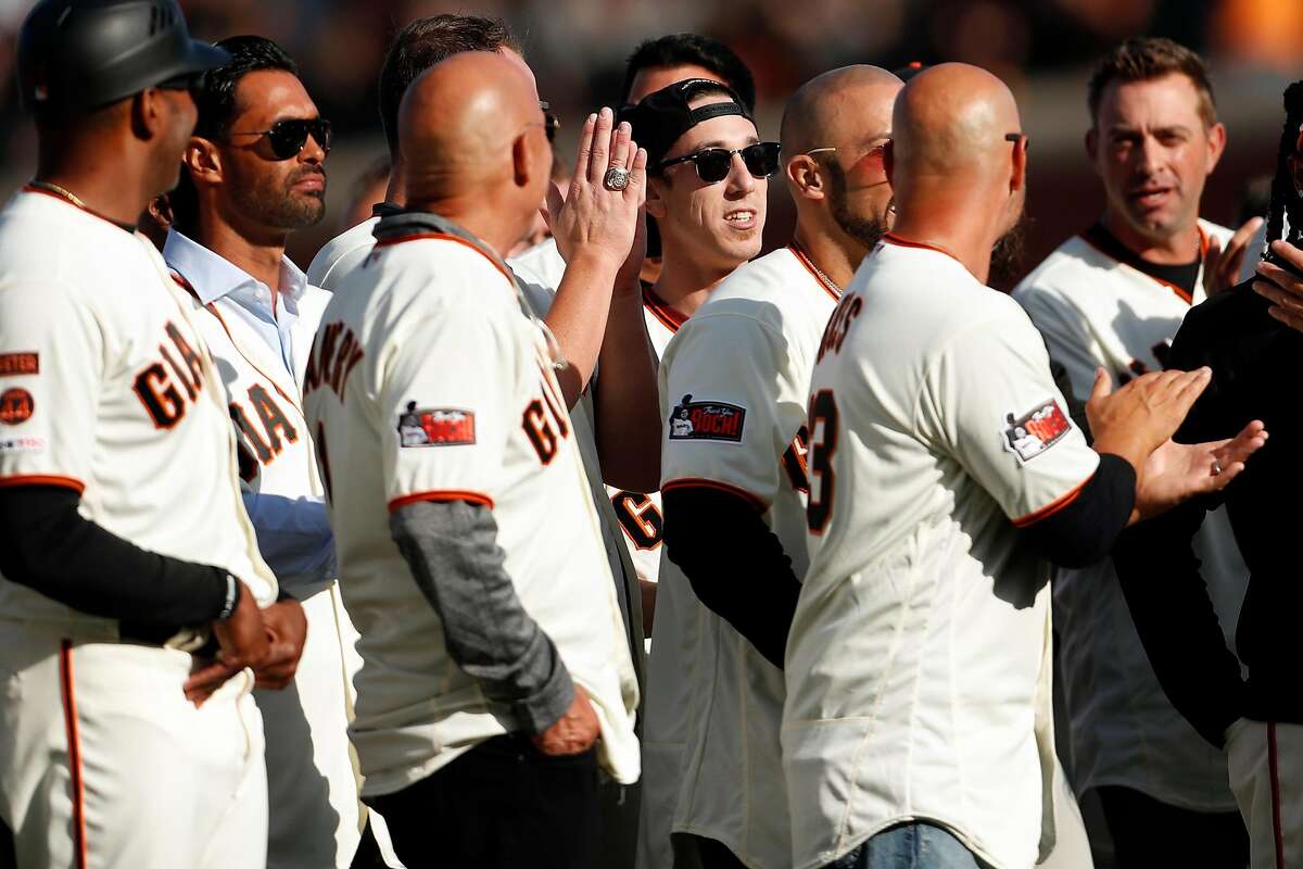 San Francisco Giants' Tim Lincecum during Bruce Bochy's retirement ceremony at Oracle Park in San Francisco, Calif., on Sunday, September 29, 2019.
