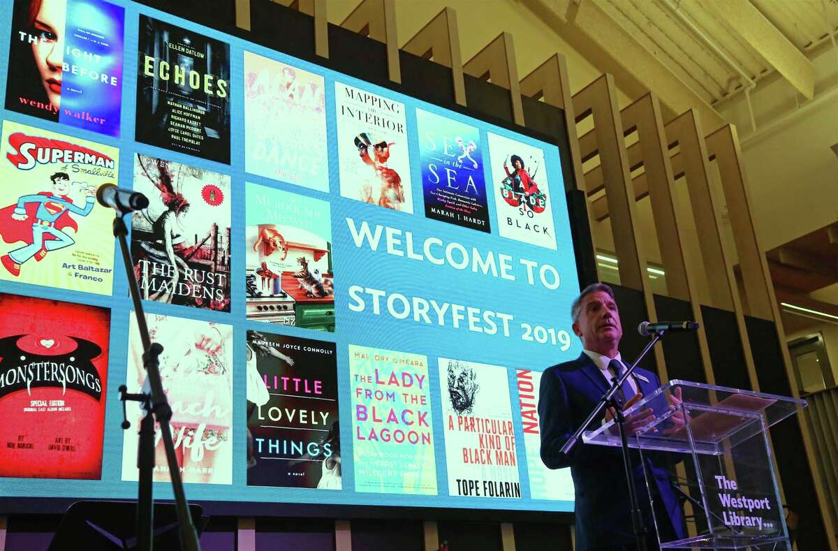 Executive Director Bill Harmer introduces the program at the 2nd annual Saugatuck StoryFest at The Westport Library on Friday, Sept. 27, 2019, in Westport, Conn.