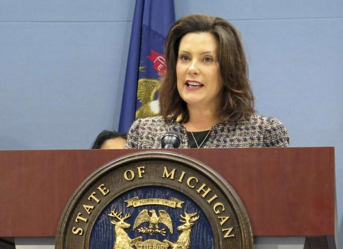 FILE - In this June 26, 2019 file photo, Michigan Gov. Gretchen Whitmer speaks about new lead testing rules for drinking water at the Romney Building in Lansing, Mich. Whitmer and Republican legislative leaders announced Monday, Sept. 9 that they will work to enact a state budget without including a long-term funding plan to fix Michigan’s deteriorating roads. The agreement should forestall the possibility of an Oct. 1 partial government shutdown. But it also strips the first-year governor of leverage as she seeks a nearly $2 billion influx of new spending on road and bridge construction in a state that ranks second to last nationally in per-capita road spending. (AP Photo/David Eggert, File)