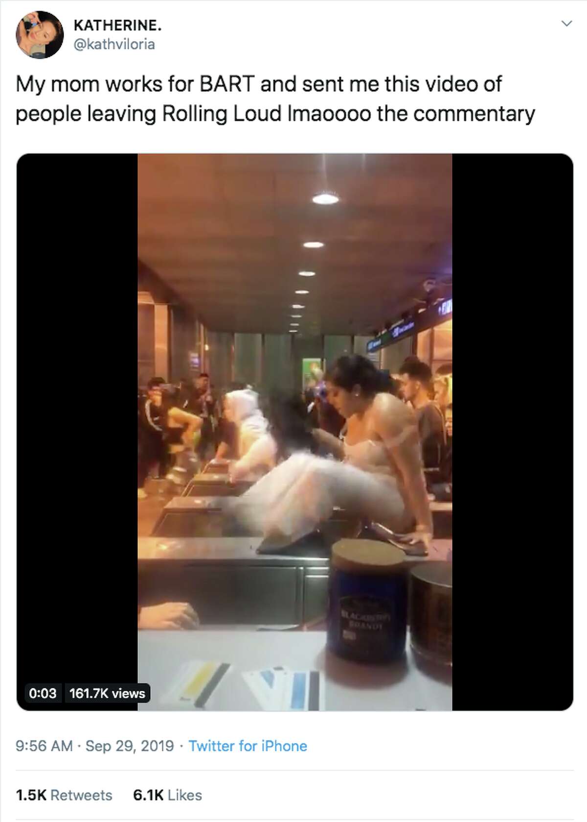 Twitter user @kathviloria shared a video showing people evading BART fares after the Rolling Loud concert on Sept. 29. 2019.