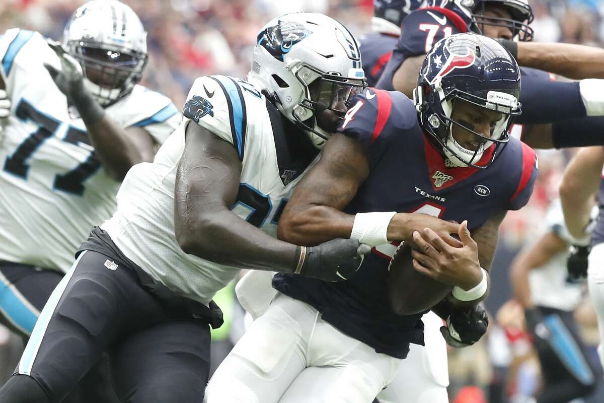 Deshaun Watson was sacked six times Sunday by Carolina after the Texans' offensive line was shuffled yet again.