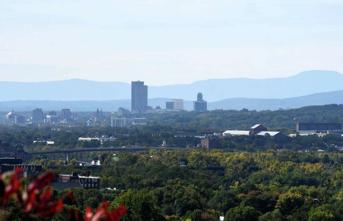 The Albany skyline is viewed from Oakwood Cemetery on Monday, Sept. 30, 2019, in Troy, N.Y. (Will Waldron/Times Union)