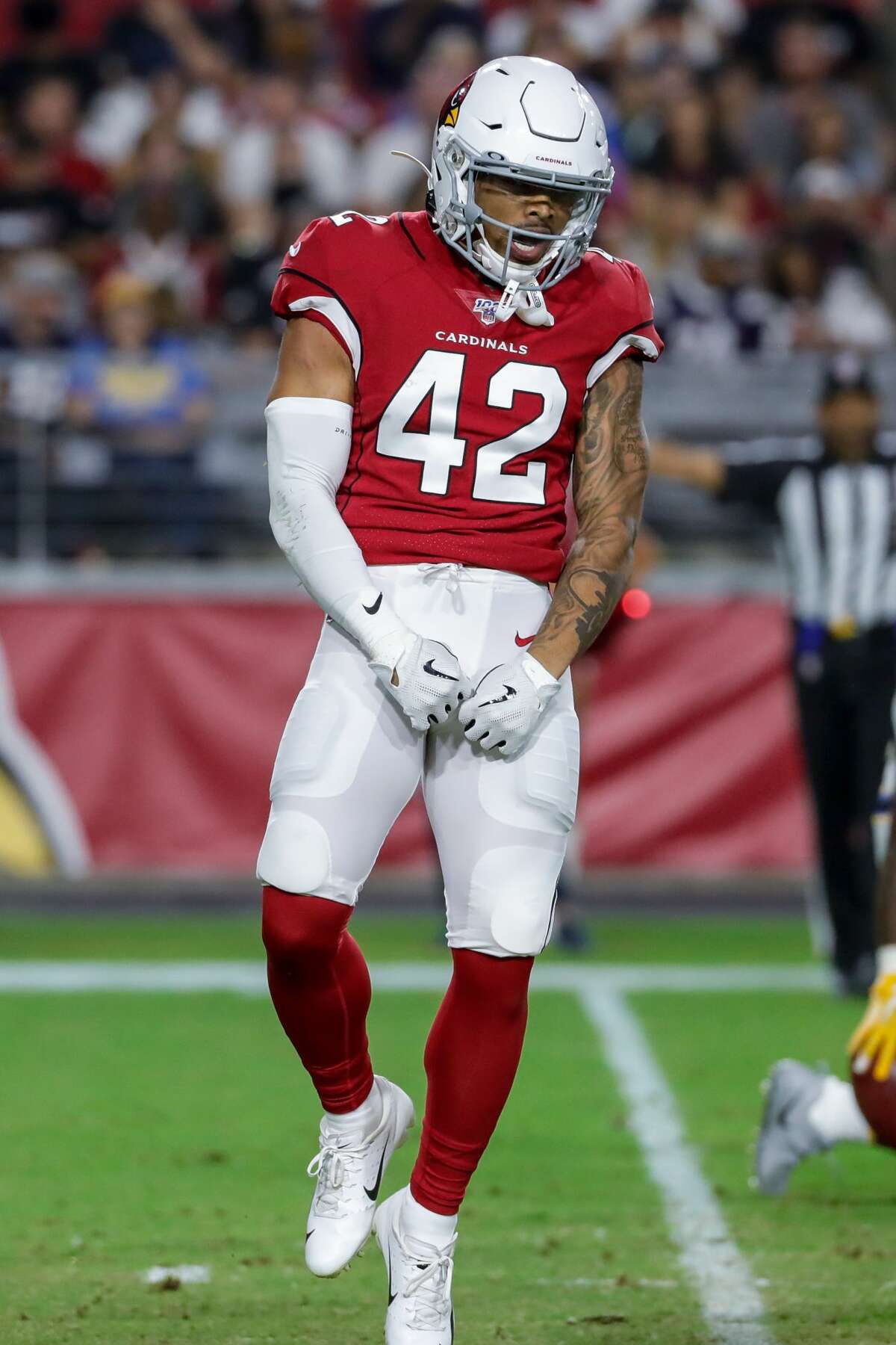 GLENDALE, AZ - AUGUST 08: Arizona Cardinals defensive back Jonathan Owens (42) celebrates a big play during the NFL preseason football game between the Los Angeles Chargers and the Arizona Cardinals on August 8, 2019 at State Farm Stadium in Glendale, Arizona. (Photo by Kevin Abele/Icon Sportswire via Getty Images)