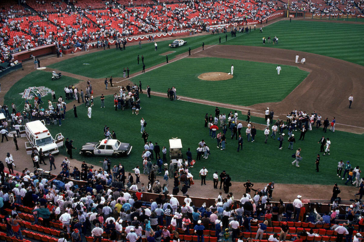 General view of the crowds in Candlestick Park after an earthquake rocks game three of the World Series between the Oakland A's and San Francisco Giants at Candlestick Park on October 17, 1989.