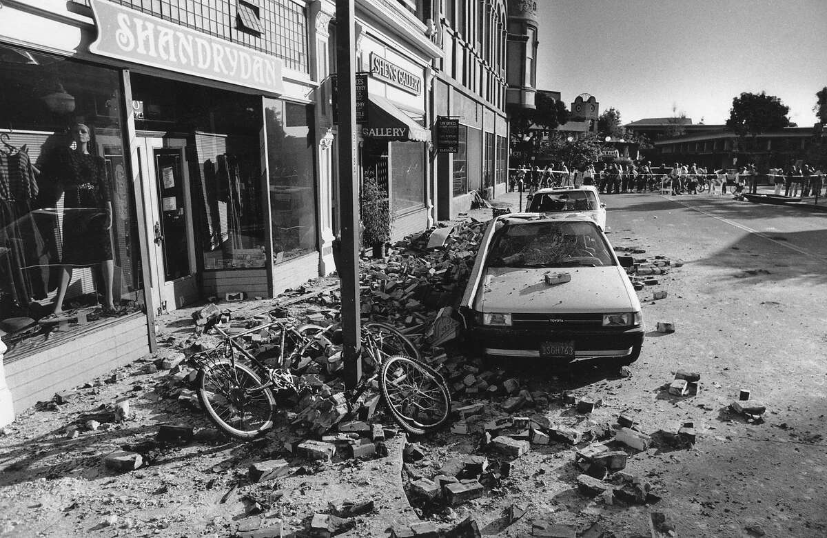 Downtown Santa Cruz was severely damaged as seen here the day after the the Loma Prieta earthquake, October 23, 1989