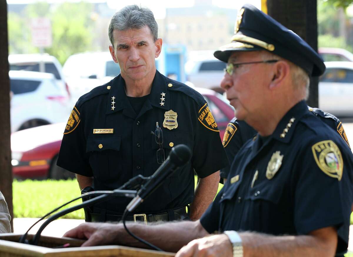 Bexar County Sheriff Amadeo Ortiz, right, and San Antonio Police Chief William McManus hold a press conference on Tuesday, Aug. 27, 2012 announcing an increase of law enforcement patrol over the Labor Day Weekend. Ortiz is among 29 applicants to serve as interim constable in Precinct 2.