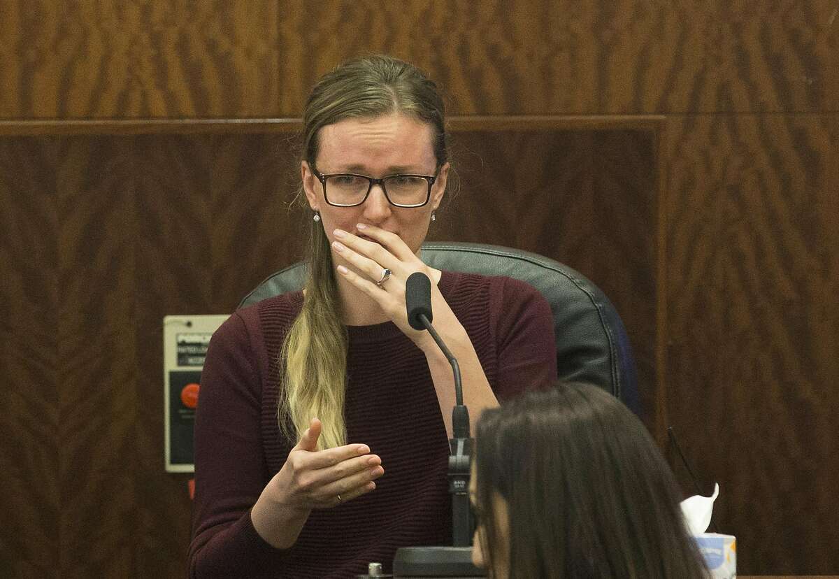Aurielle Lyon, sister of Katie Stay, gets emotional while identifying her nieces and nephews while testifying in the punishment phase of Ronald Haskell capital murder trial on Monday, Sept. 30, 2019, in Houston. Haskell was found guilty of killing six members of the Stay family in 2014.