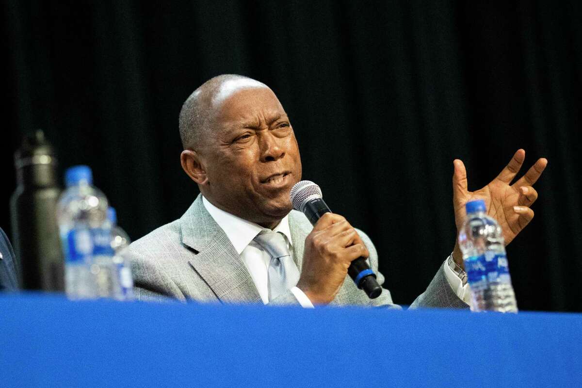 Houston mayor Sylvester Turner debates against his mayoral elections challengers during a forum focused on issues that affect the Latino community on Tuesday, Sept. 24, 2019, in Houston.