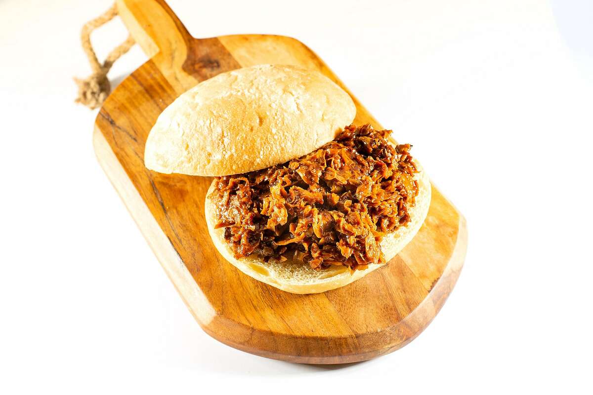 A vegan sandwich featuring Butcher’s Son pulled pork is pictured on Thursday, Sept. 19, 2019, in San Francisco.