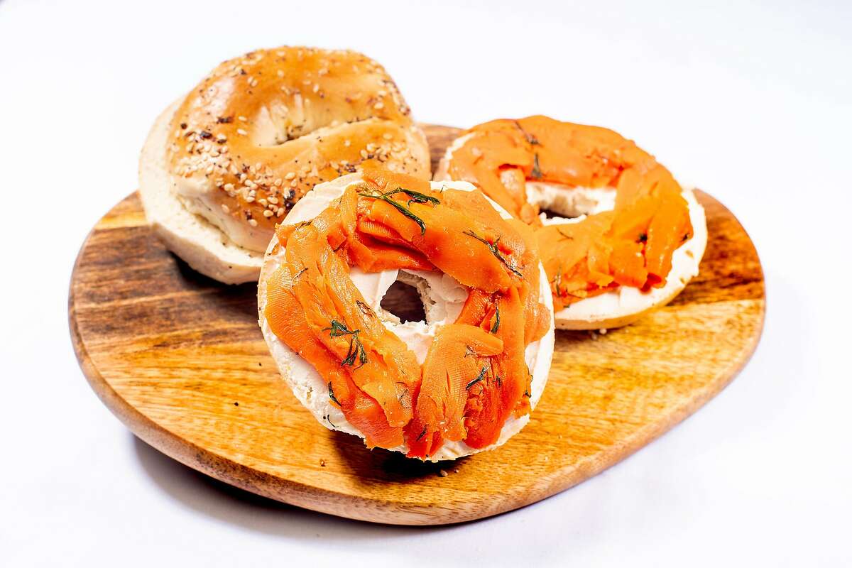 Bagels topped with Miyoko’s vegan classic cream cheese and Goldie's Vegan Deli Goldie Lox are pictured on Thursday, Sept. 19, 2019, in San Francisco.