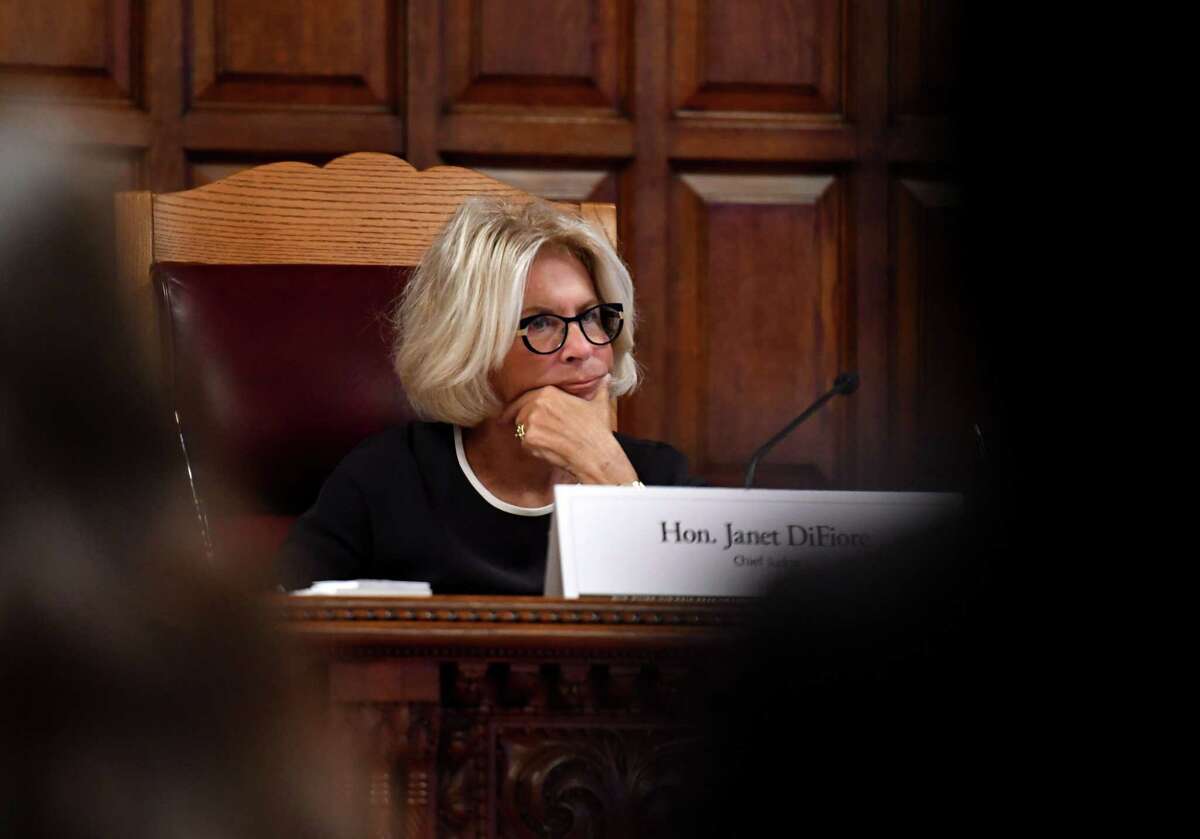 Chief Judge Janet DiFiore listens during a public hearing to evaluate the civil legal services needs in New York on Monday, Sept. 23, 2019, at the Court of Appeals in Albany, N.Y. (Will Waldron/Times Union)