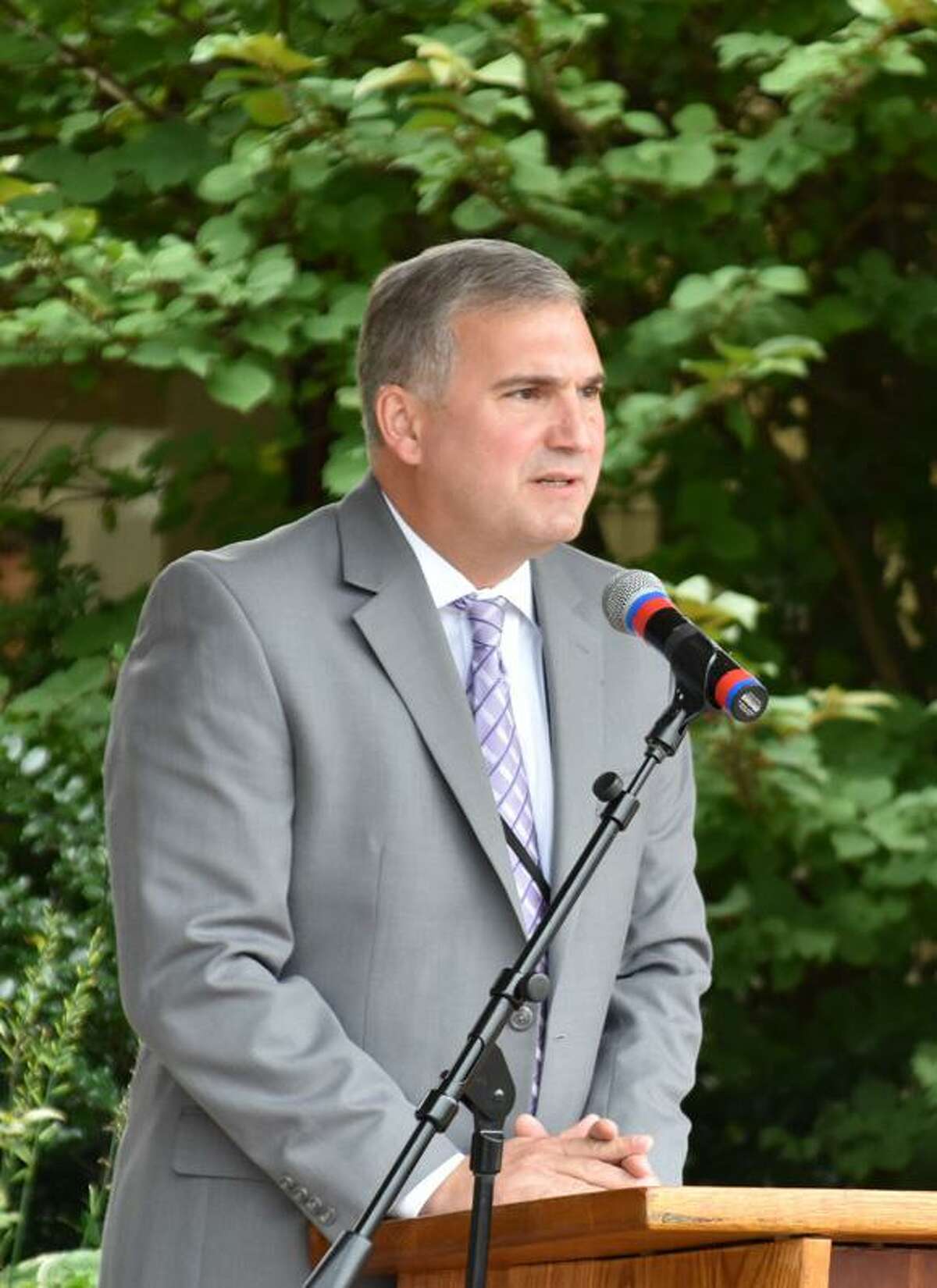 Superintendent of Schools Dr. Bryan Luizzi speaks at New Canaan High School Oct. 1 during a ceremony proclaiming New Canaan Domestic Violence and Teen Dating Violence Month in New Canaan/