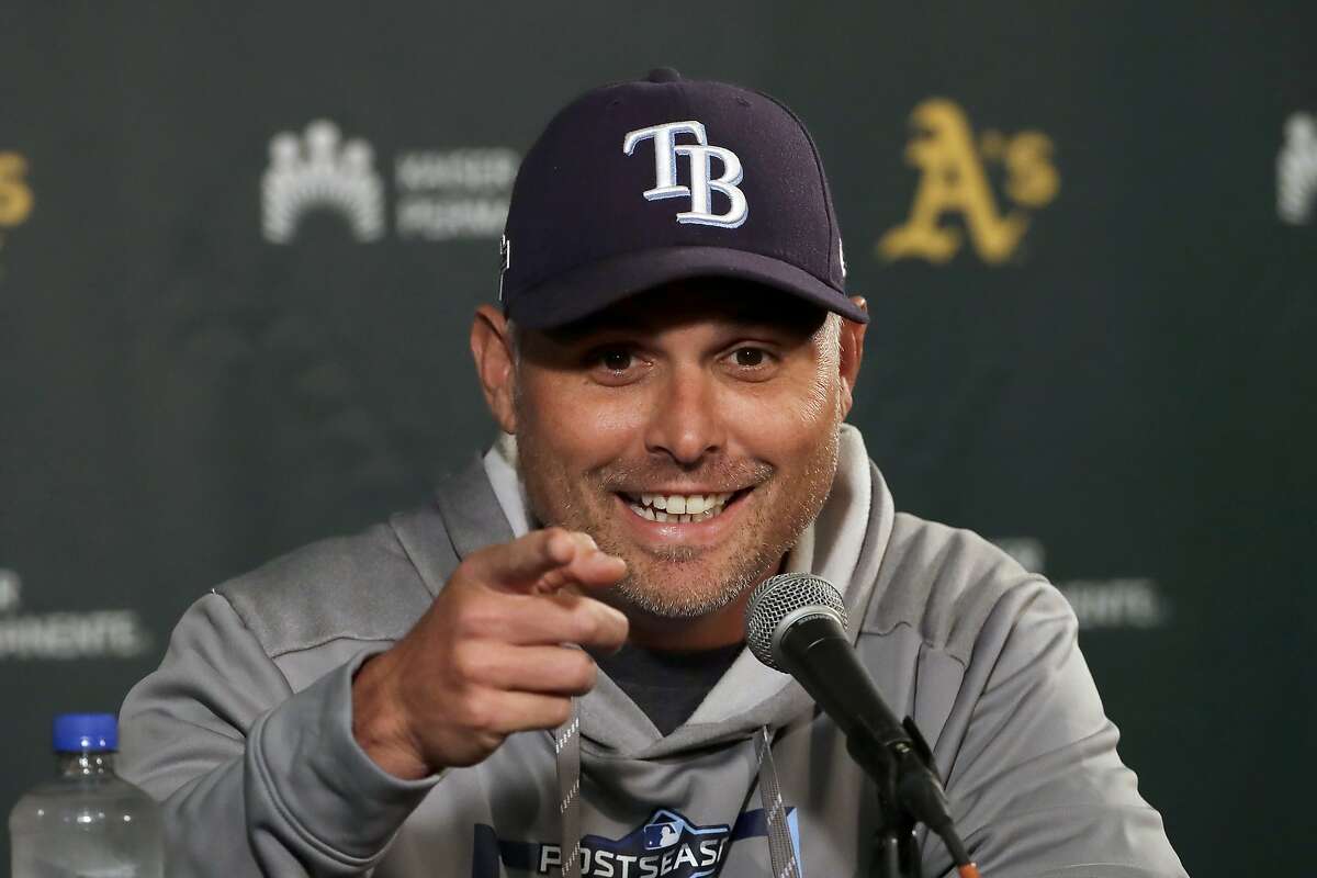 Tampa Bay Rays manager Kevin Cash speaks at a news conference before baseball practice in Oakland, Calif., Tuesday, Oct. 1, 2019. The Rays are scheduled to face the Oakland Athletics in an American League wild-card game Wednesday, Oct. 2. (AP Photo/Jeff Chiu)