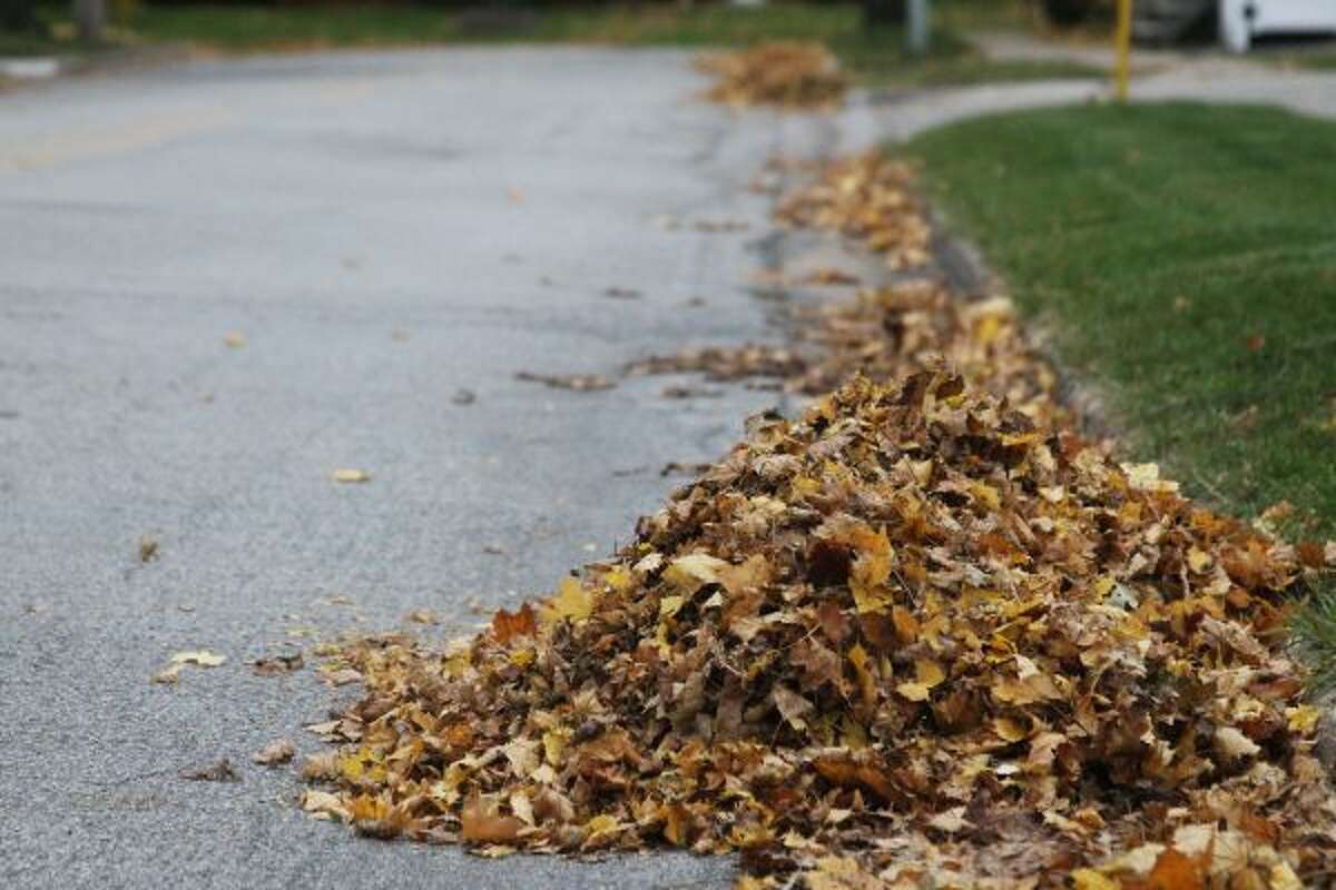Leaves sit in piles along the streets of Manistee, waiting for removal. (Jane Bond/News Advocate)