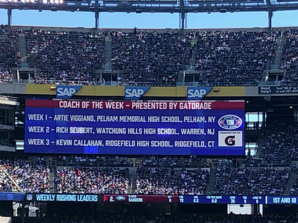 During Sunday’s game between the New York Giants and the Washington Redskins, the scoreboard at MetLife Stadium displayed the announcement that Kevin Callahan was named high school coach of the week.