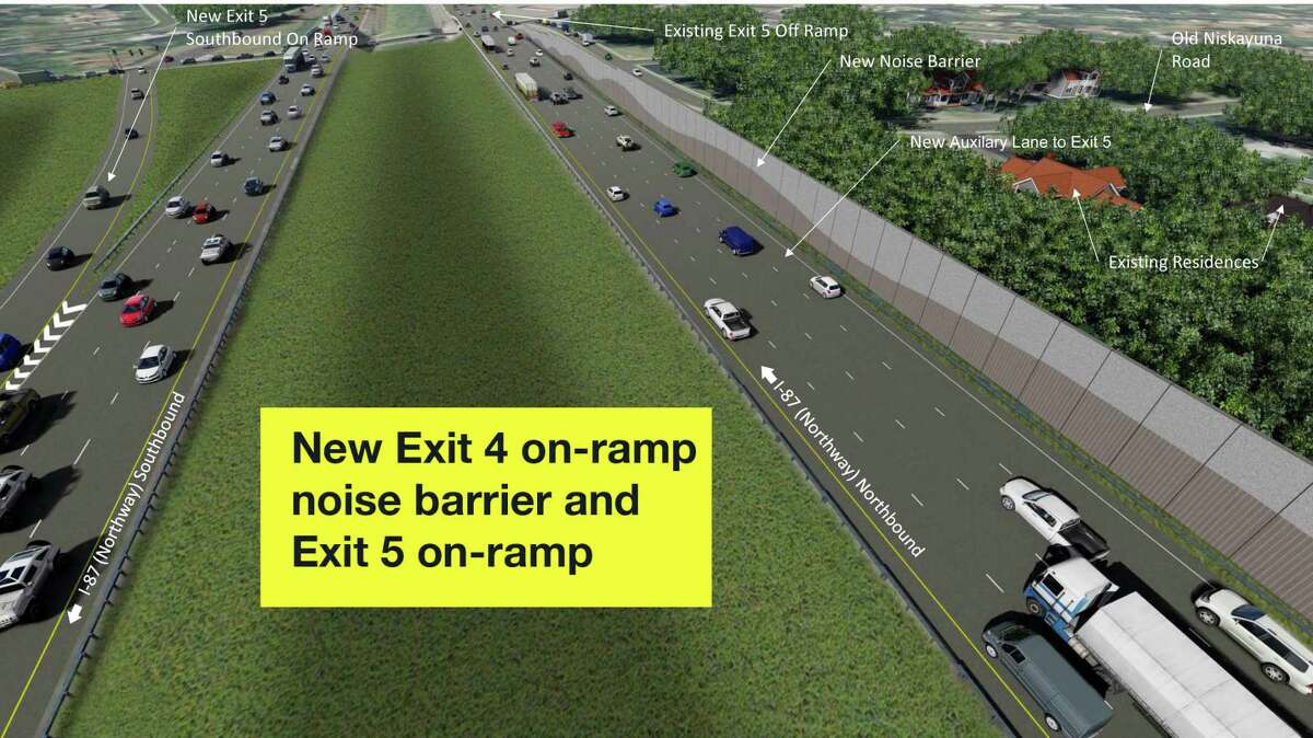 The Exit 4 on-ramp off Albany Shaker Road and Wolf Road now extends to Exit 5 and a noise barrier is being constructed. On the southbound northway, a new Exit 5 on-ramp will provide entry to I-87 before the Albany Shaker Road overpass. Motorists going southbound will take Exit 3 for Albany Shaker Road and the Albany International Airport.