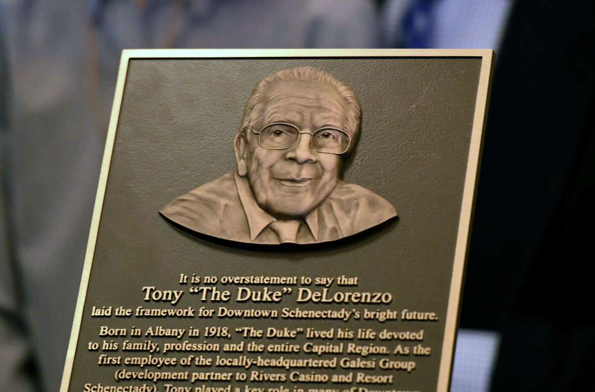 A new plaque at Rivers Casino's Duke?•s Chophouse honors Tony ?’The Duke?“ DeLorenzo, the first person hired by the Galesi Group on Wednesday, Oct. 2, 2019, in Schenectady, N.Y. The restaurant namesake was a key figure in the company. Galesi Group is celebrating its 50th anniversary. (Will Waldron/Times Union)