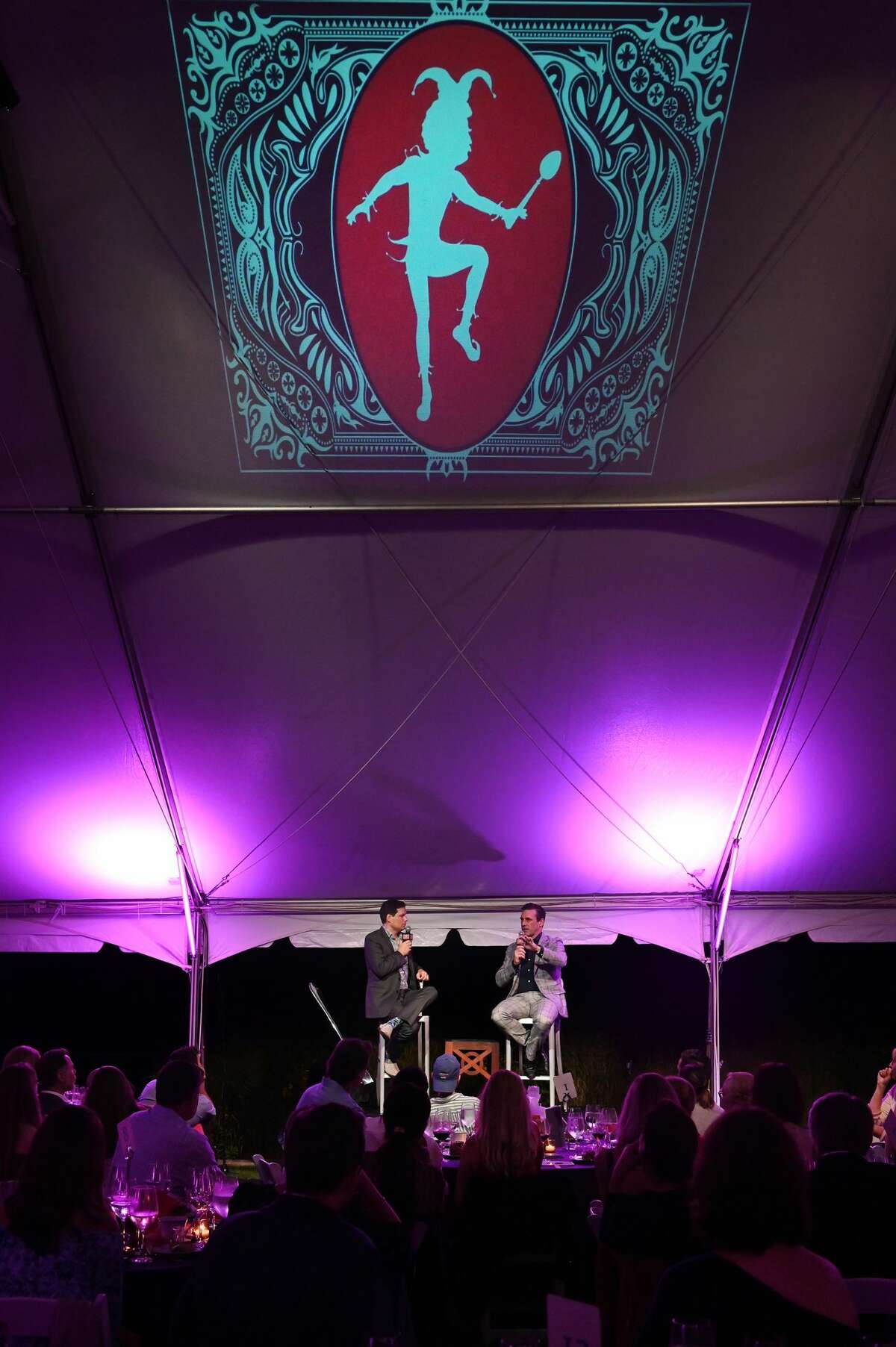Actor Jon Hamm was the honored guest at the Mark Twain Library’s Pudd’nhead gala on Saturday, Sept. 28, 2019 in Redding, Connecticut. He is pictured here (right) with comedian Michael Ian Black.