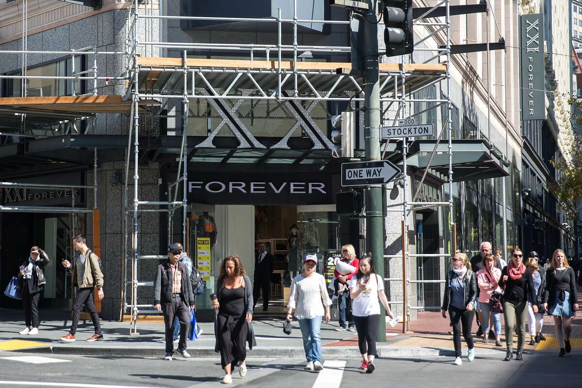 The exterior of Forever 21 store in Union Square that is planning to close this three-story flagship store, along with five other mall stores in the Bay Area. On Tuesday, October 2, 2019. San Francisco, Calif.