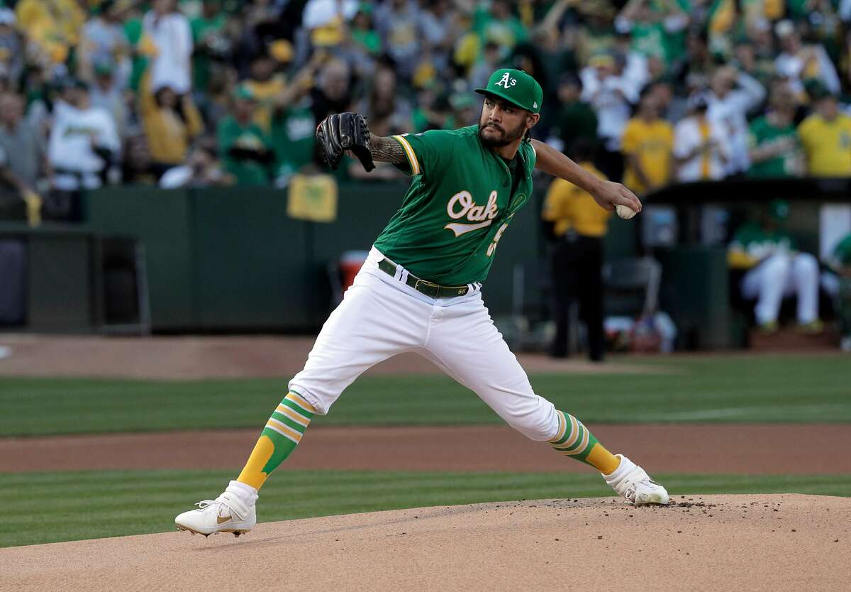 Sean Manaea (55) pitches as the Oakland Athletics played the Tampa Bay Rays at the Oakland Coliseum in the AL Wild Card playoff game in Oakland, Calif., on Wednesday, October 2, 2019.