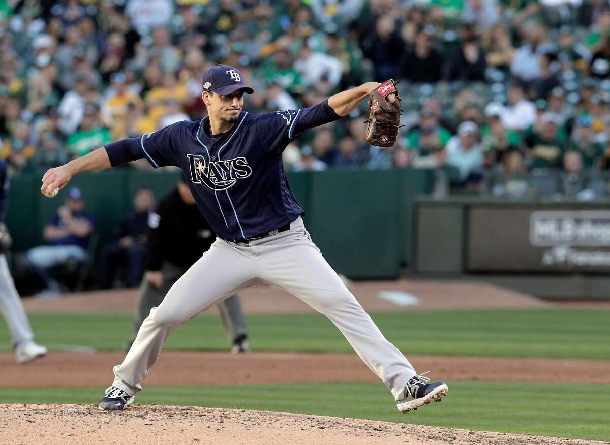 Charlie Morton (50) pitches for the Rays in the second inning as the Oakland Athletics played the Tampa Bay Rays at the Oakland Coliseum in the AL Wild Card playoff game in Oakland, Calif., on Wednesday, October 2, 2019.