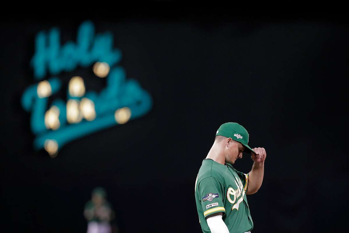 Matt Chapman (26) at third late in the game as the Oakland Athletics played the Tampa Bay Rays at the Oakland Coliseum in the AL Wild Card playoff game in Oakland, Calif., on Wednesday, October 2, 2019. The Rays defeated the A’s 5-1.
