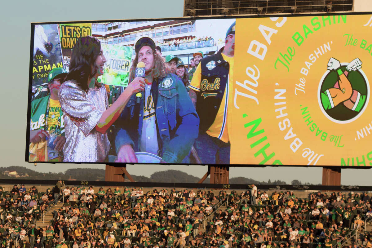 Blake Anderson, Concord native and co-star of the Comedy Central show "Workaholics," pumped up A's fans between innings with a "Let's Go Oakland" chant. The Oakland Athletics took on the Tampa Bay Rays in the AL Wildcard game at the RingCentral Coliseum in Oakland, California on Oct 2, 2019.