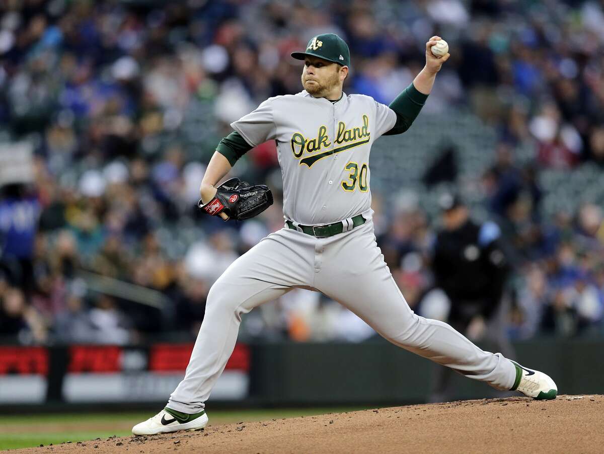 Oakland Athletics starting pitcher Brett Anderson works against the Seattle Mariners during the first inning of a baseball game, Saturday, Sept. 28, 2019, in Seattle. (AP Photo/John Froschauer)