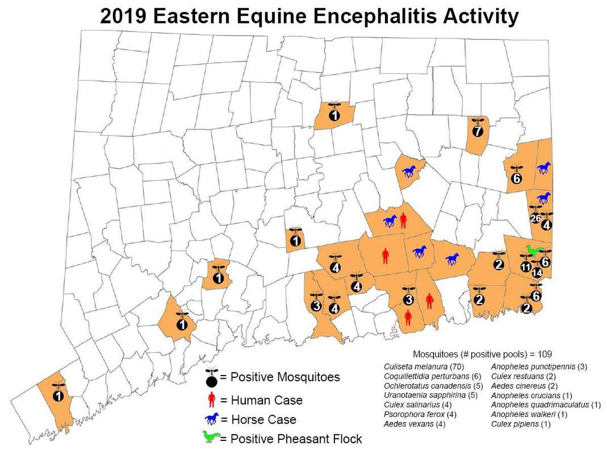 A map of Eastern Equine Encephalitis activity in the state in 2019.