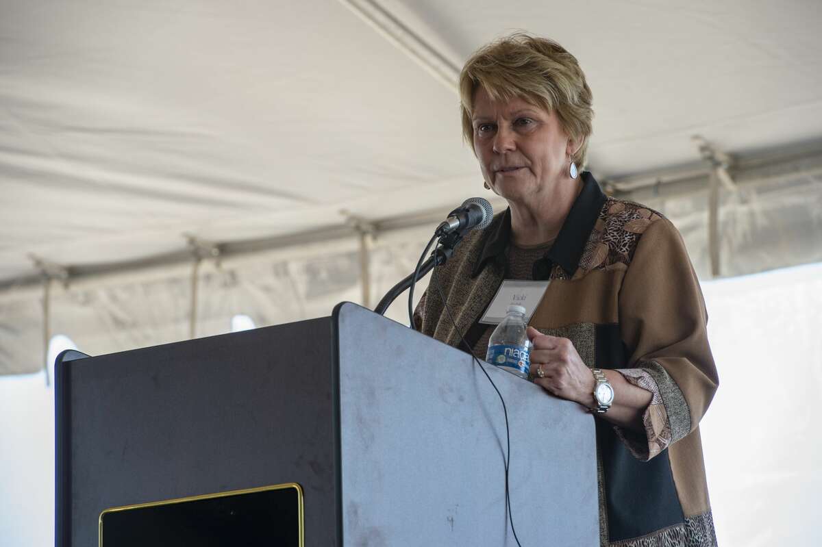 Vicki Hollub, president and CEO of Occidental, speaks at the ribbon cutting event for the company's new solar farm in 2019 at Occidental's Goldsmith Solar Facility. Jacy Lewis/Reporter-Telegram