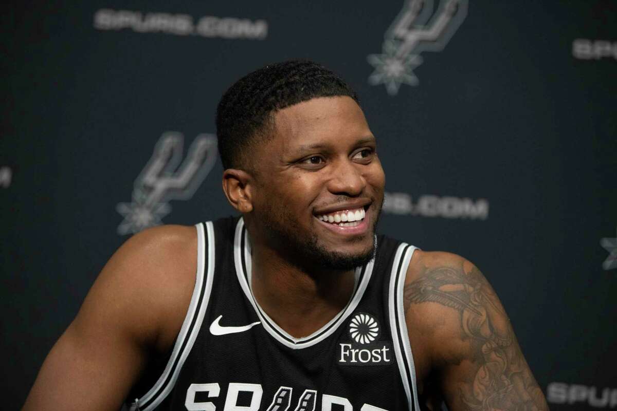 San Antonio Spurs player, Rudy Gay, takes questions from reporters during the team's annual Media Day at the Spurs practice facility in San Antonio on Monday, Sept. 30, 2019.