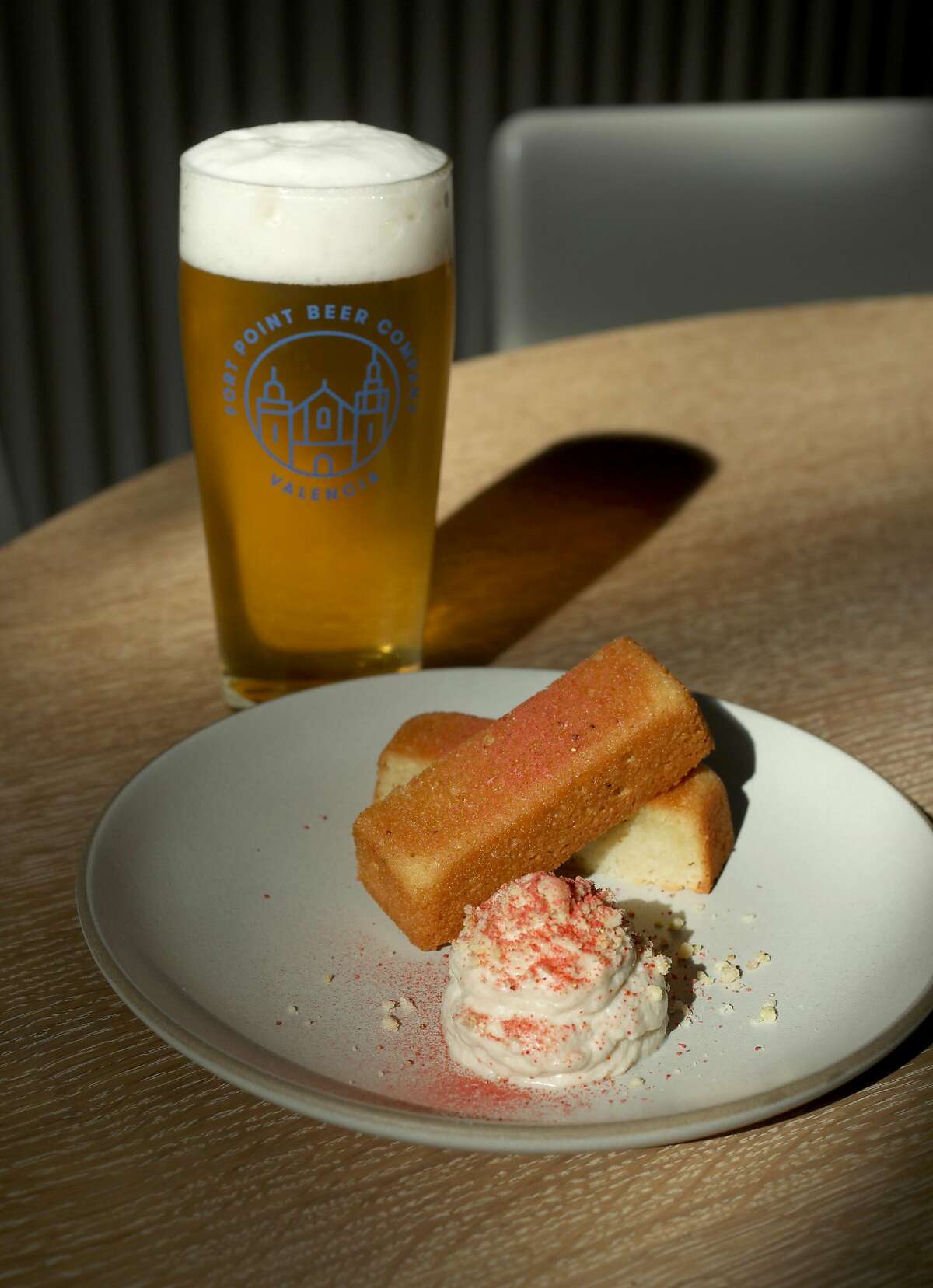 Almond Cookie �Financier��Banana Miso, Burnt Orange, Thyme�paired with Park beer seen on Tuesday, Oct. 1, 2019, in San Francisco, Calif. Fort Point Beer Co., San Francisco�s largest independent brewery, opens a 3,000-square-foot beer hall on Oct. 7.