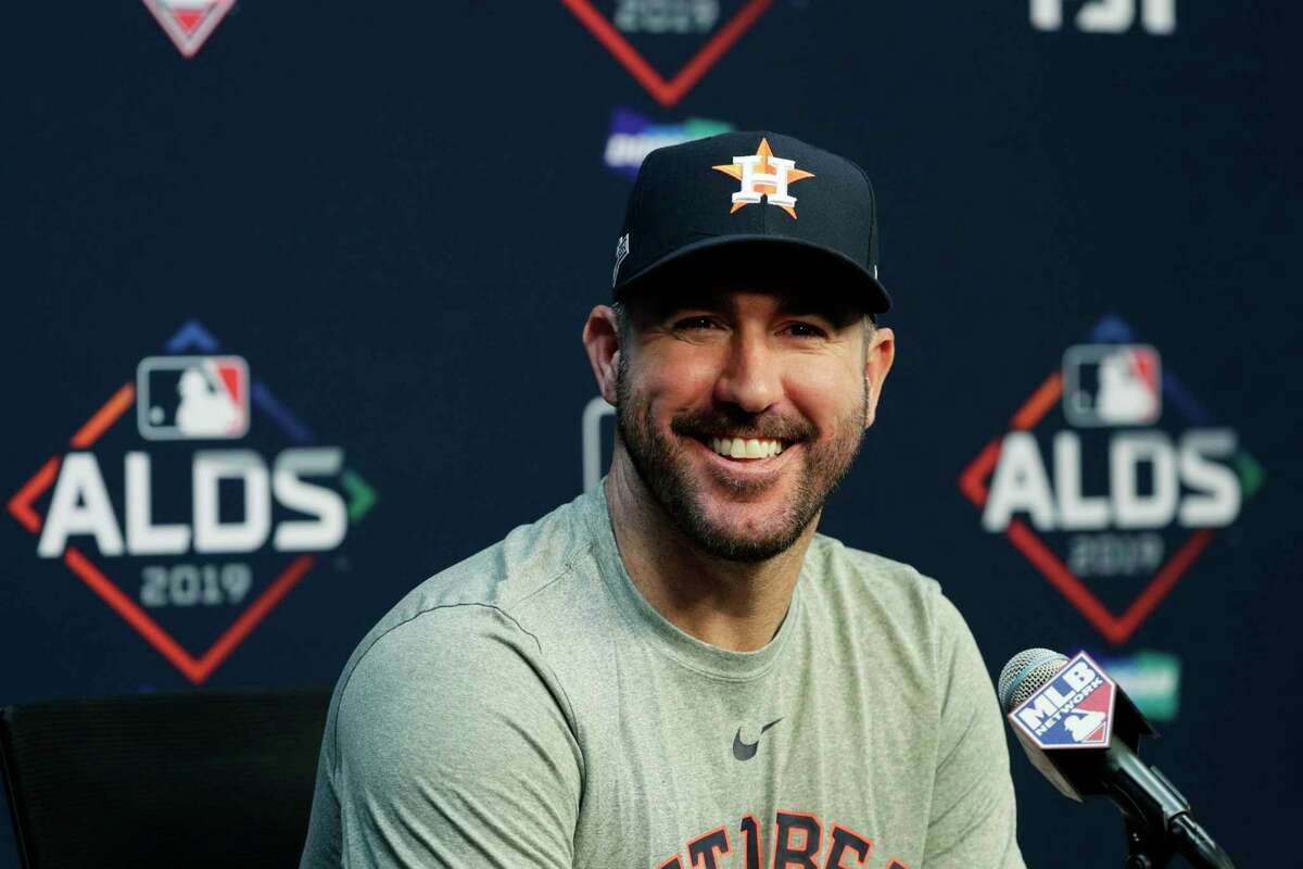 Houston Astros starting pitcher Justin Verlander takes part in a news conference, Thursday, Oct. 3, 2019, in Houston. The Astros will host the Tampa Bay Rays in the first game of an American League Division Series on Friday.