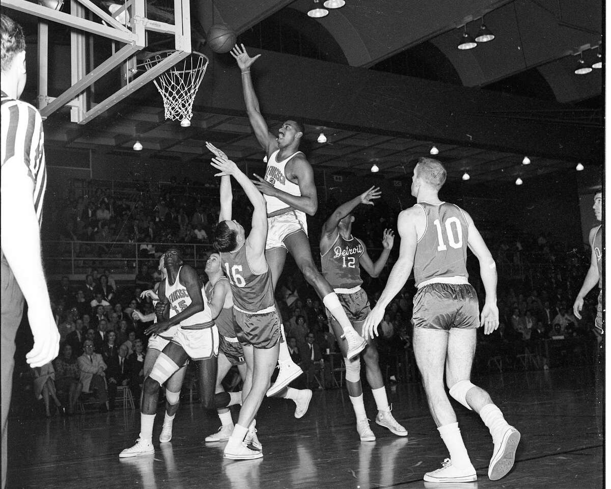 San Francisco Warriors Wilt Chamberlain plays at the USF War Memorial Gym against the Detroit Pistons in 1964. It was the Warriors’ first year in San Francisco — they split time at the USF gym, Civic Auditorium and later the Cow Palace.