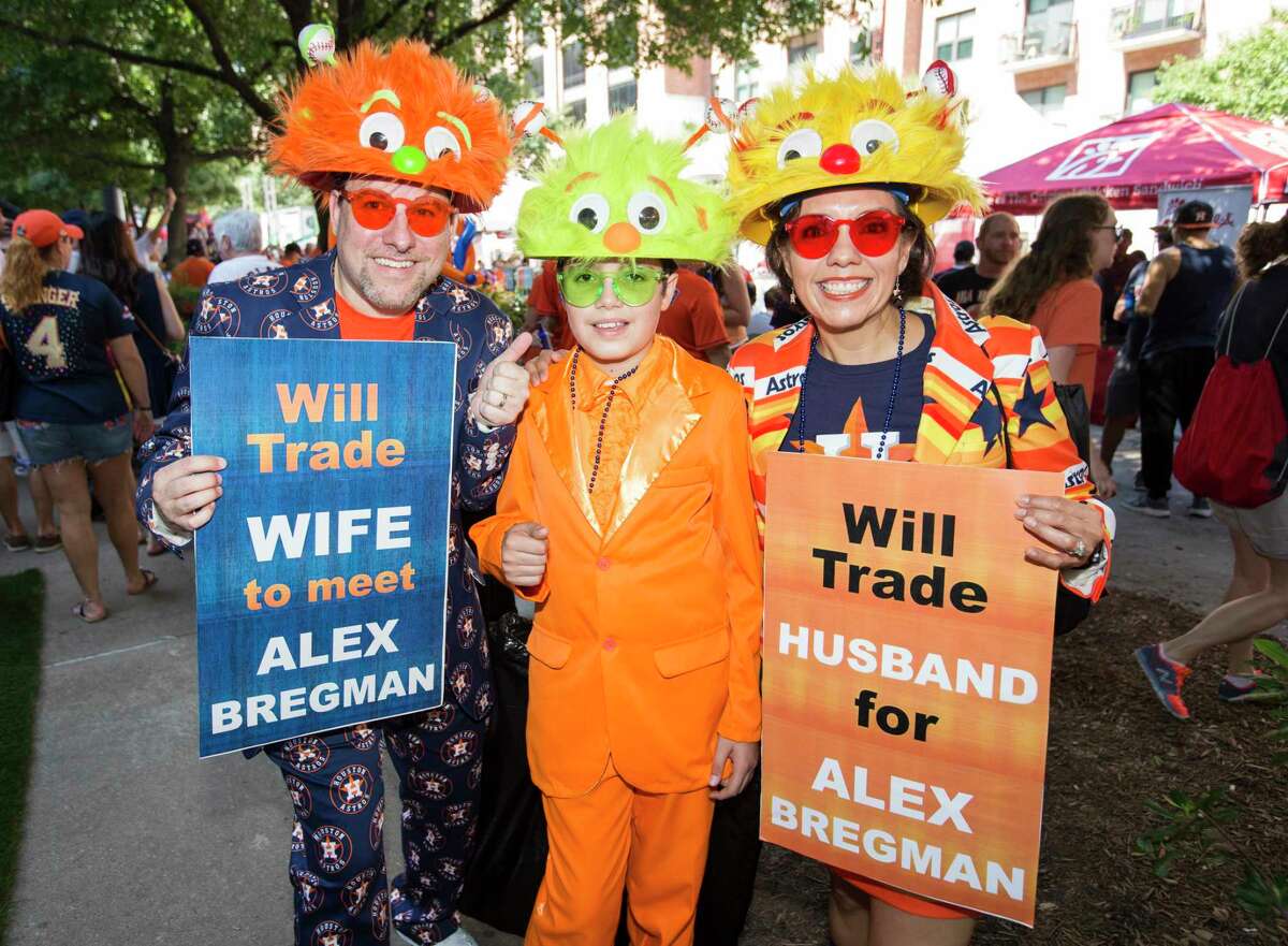 Houston Astros fans pose for a photograph before the ALDS Game 1 against the Tampa Bay Rays at Minute Maid Park on Friday, Oct. 4, 2019, in Houston.